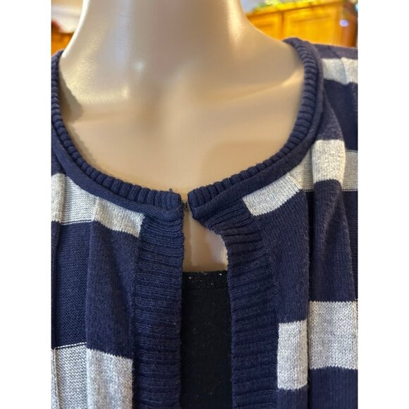Striped Navy & Gray Open Front Cardigan Sweater Pleated Front & Back LARGE - Picture 2 of 12